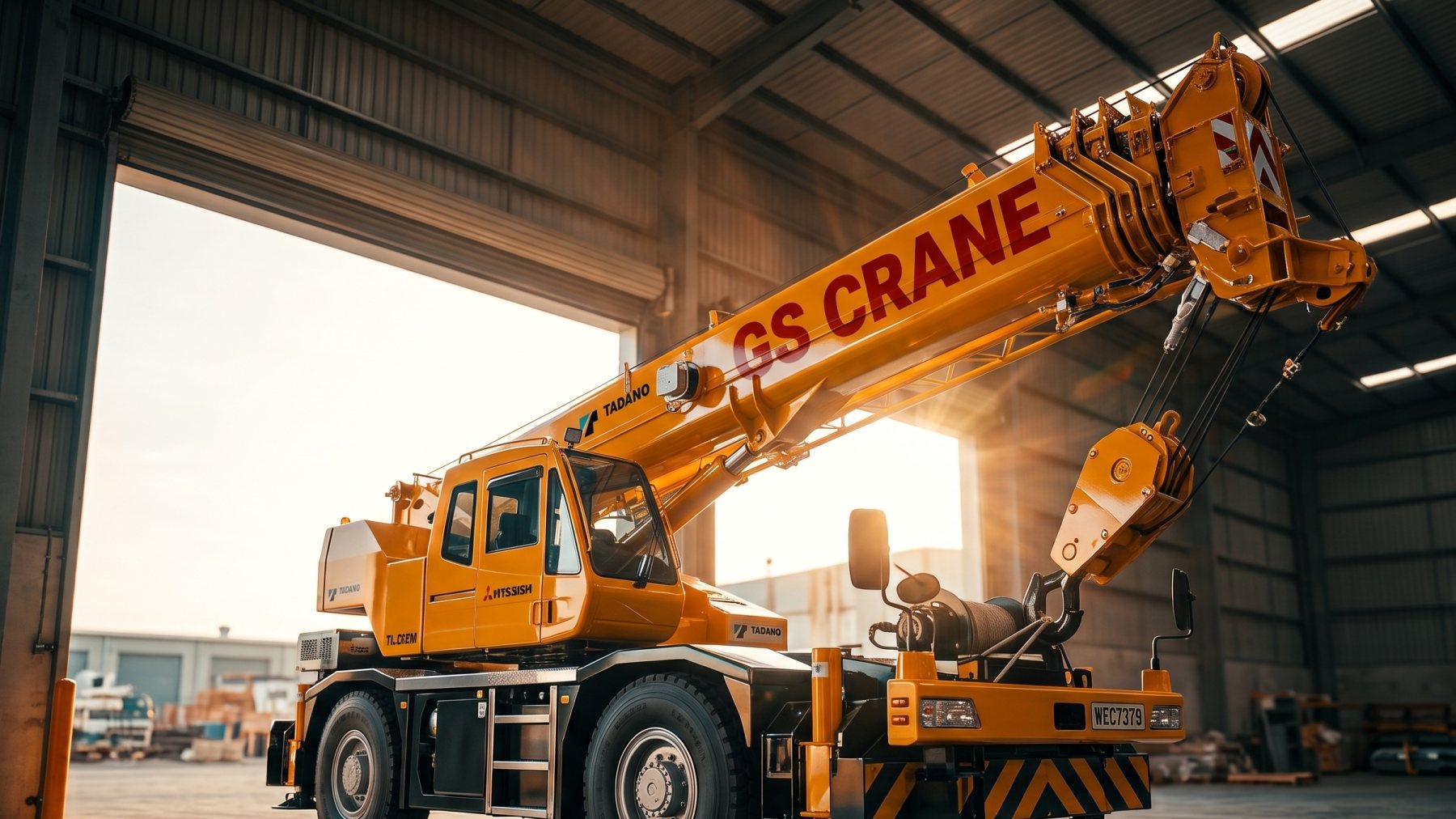Yellow GS Crane 20-tonne Tadano mobile crane with its boom raised in a steel shed
