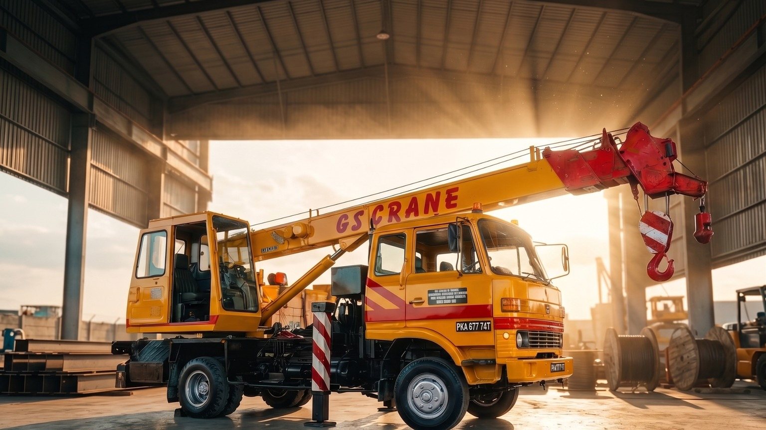 Yellow GS Crane lorry crane on a Mitsubishi Fuso truck, parked in a steel shed