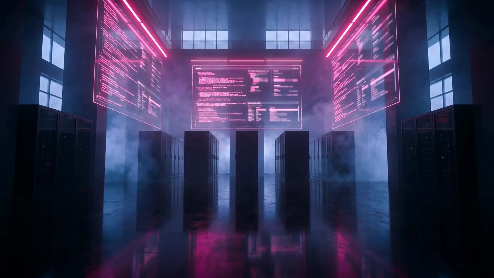Server racks in a dark room lit by code on large screens